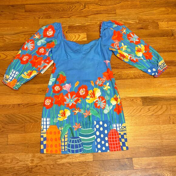 FARM Rio Dresses & Skirts - Farm Rio Women’s XS Linen Blend Printed Mini Dress Blue Red Flower Puff Sleeve